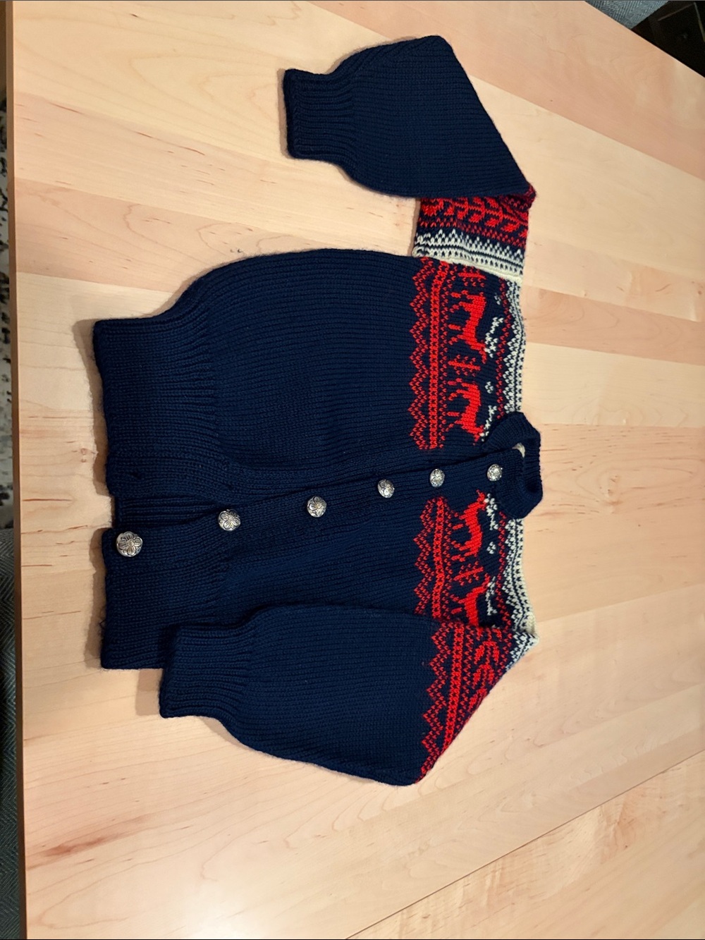 Children’s Navy Wool Cardigan Sweater with Red Reindeer Pattern
